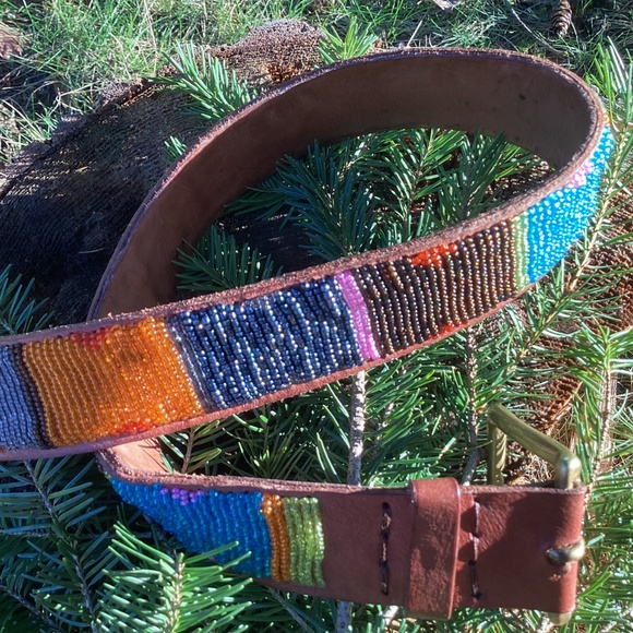 Vintage Genuine Leather & Colorful Beaded Boho Belt main image 9